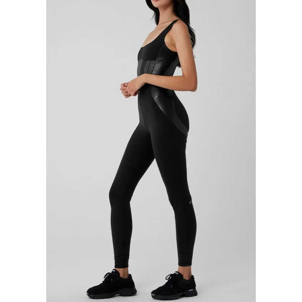 Alo Airbrush Racing Onesie Black Faux Leather Edgy Moto Biker One-Piece Jumpsuit